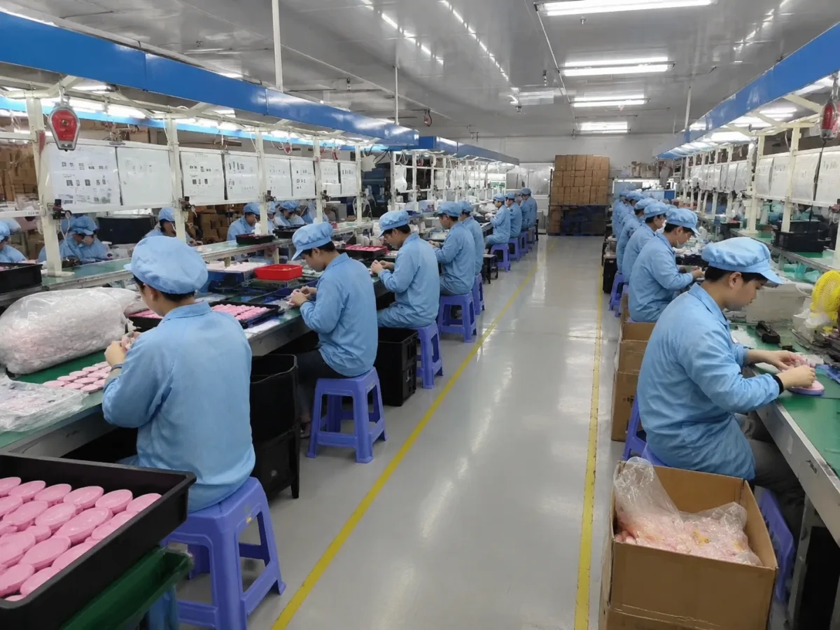 Uvcare team assembling aligner care products on the Shenzhen production floor